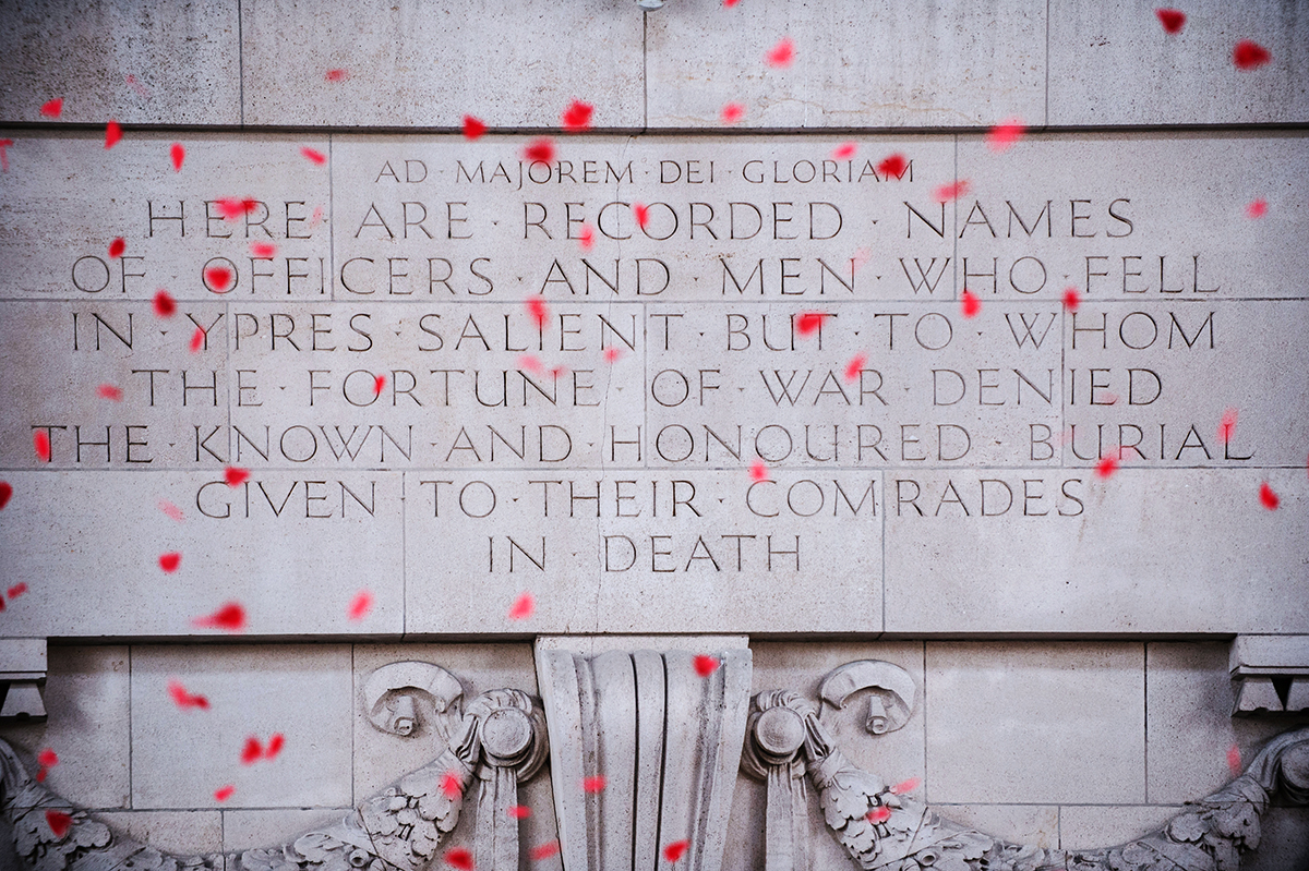 Poppies falling from the top of the Menin Gate in Ypres, Belgium.
British and Belgian soldiers, and school children from both nations gathered for a special Armistice Day Last Post ceremony in the presence of Royalty at the Menin Gate in Ypres today (Monday 11 November 2013).
In an unprecedented ceremony that conjured images from a hundred years ago, the F Troop Gun Carriage of the King's Troop Royal Horse Artillery was laden with 70 First World War (FWW) style sandbags, each was filled with soil from the Flanders battlefields where so many millions had died in the Great War.
The "sacred soil" had been recently gathered in unprecedented ceremonies with the support of the Commonwealth War Graves Commission at each of the 70 battlefields and FWW Commonwealth War Grave Cemeteries by Belgian and British school children, many of whom were at the ceremony today.
Soldiers from the Household Division of the British Army who yesterday had paraded in the UKÕs own ceremony of Remembrance at the Cenotaph in Whitehall, today stood proudly at the Menin Gate ÒLast PostÓ service. The Menin Gate is the official Memorial to the Missing dedicated to the British and Commonweath soldiers who were killed in the Ypres Salient and whose final resting place is unknown. HRH The Duke of Edinburgh and HRH Prince Laurent of Belgium attended the poignant and solemn ceremony and following the one minuteÕs silence, the Royal guests laid wreaths at the memorial.
Then one by one as the name of each FWW battlefield was called, school children from Belgium and Britain came forward carrying a named sandbag carrying the soil from that location, and, with the help of Belgian and British soldiers, placed the Sacred Soil upon a specially adapted First World War era gun carriage of the King's Troop Royal Horse Artillery.